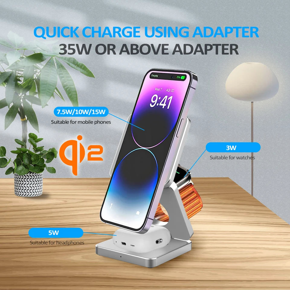 Qi2 3 in 1 15W Magnetic Wireless Charger for Iphone 16 15 14 13 Fast Charging Folding for Apple Watch Airpods Wireless Charger
