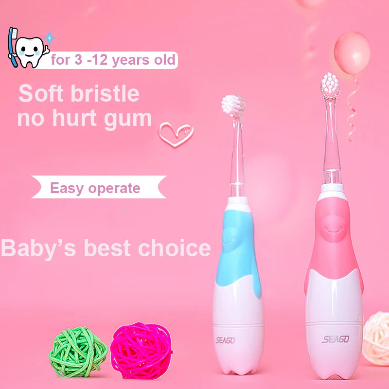 Seago Children Sonic Electric Toothbrush Battery Power LED Light Smart Timer Waterproof IPX7 Replaceable Dupont Brush Head SG513