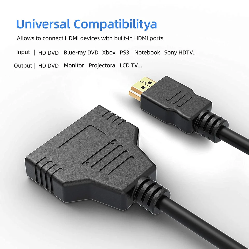 HDMI Splitter Cable Male 1080P To Dual HDMI Female 1 To 2 Way HDMI Splitter Adapter Cable, Support Two TVs At The Same Time
