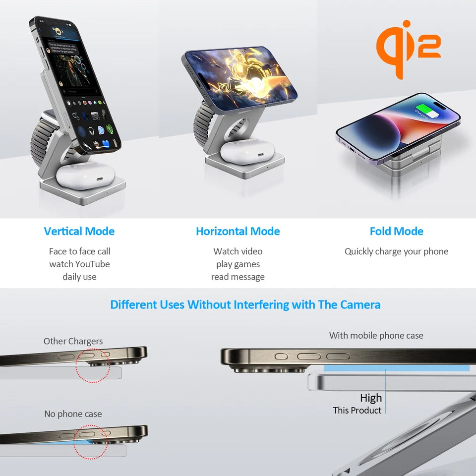 Qi2 3 in 1 15W Magnetic Wireless Charger for Iphone 16 15 14 13 Fast Charging Folding for Apple Watch Airpods Wireless Charger