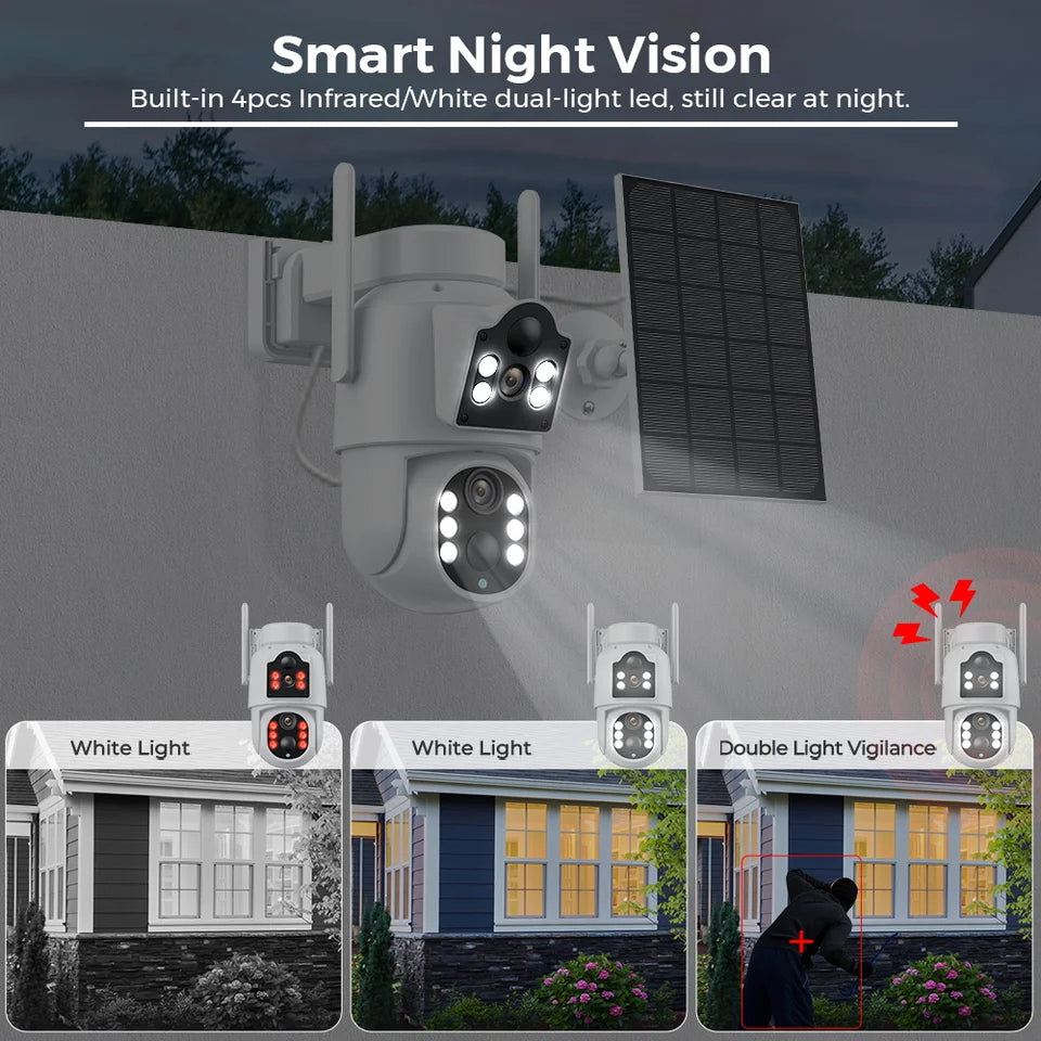 4MP Wireless Solar Camera Dual lens WiFi PTZ Camera Outdoor Built-in Battery Video Surveillance Camera Long Time Standby iCsee