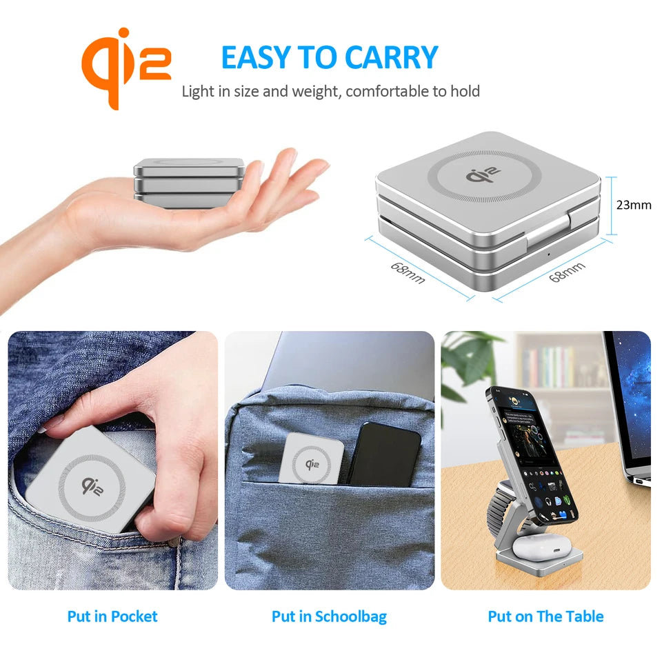 Qi2 3 in 1 15W Magnetic Wireless Charger for Iphone 16 15 14 13 Fast Charging Folding for Apple Watch Airpods Wireless Charger