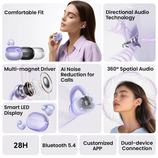 HAYLOU AirFree Ear Clip Earphones Bluetooth 5.4 Wireless Earbuds Dual-mic AI Noise Reduction Sports Headphones Smart LED Display