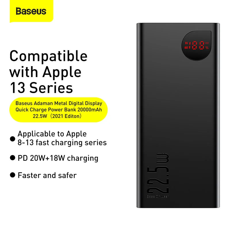 Baseus Power Bank 20000mAh Portable Charger Powerbank 10000mAh External Battery PD 22.5W Fast Charging For iPhone 16 15 Xiaomi